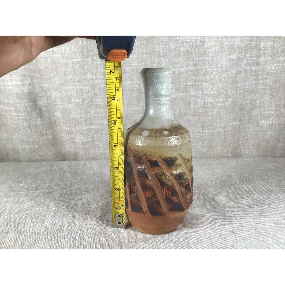 Studio Pottery Vase Good Vintage Love Inscribed Rustic Brown Cream Stoneware 7